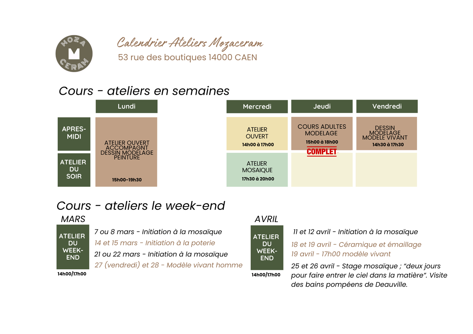 Calendrier ateliers Mozaceram